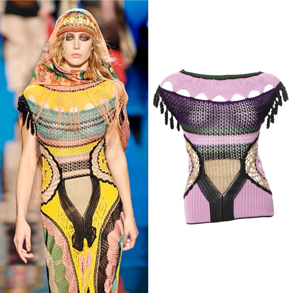 JEAN PAUL GAULTIER S/S 2008 RTW Runway Crochet Knit Tassel Cutout Top in Purple